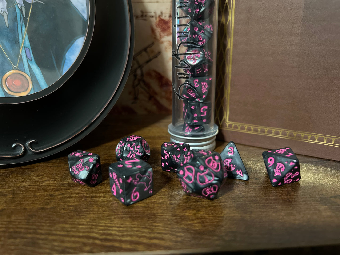 Pink and Black cat Dice set